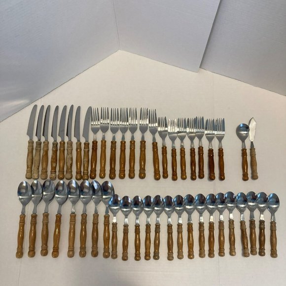 48 pc Wooden Handle Old Homestead by Lifetime Set Flatware Silverware Vintage